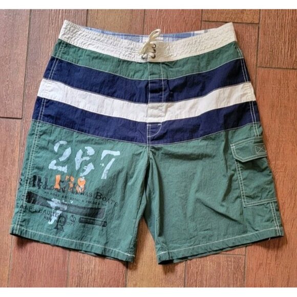 Polo Ralph Lauren Y2K Vintage Swim Trunks 36 Green Canvas Boats 267 Color Block - Picture 2 of 11